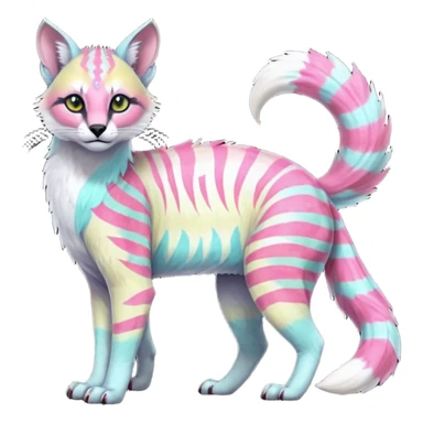 Colorful tropical tribal pale light fruity pastel white glorious iridescent divine exotic cute albino neon vibrant zigzagged cool beautiful fantasy-caracal-civet-genet-sergal-vernid-Gryphon-Cacomistle-Trico-oncilla-animal-Fakémon-hybrid-fursona (full body), facial markings,  sticker