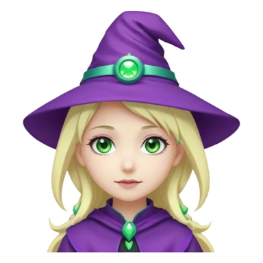 Make a blonde girl with green glowing headset on with teal eyes and a purple haired girl with green eyes waering a purple wit hes hat haveing fun , make them a chibi emoji page anime style sticker