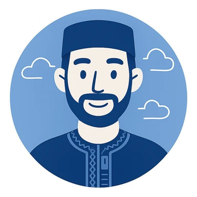 modern digital avatar of an Algerian man, friendly expression, clean minimalist cartoonish style, subtle Algerian elements or traditional patterns integrated in a tech-inspired way, inside a circular frame with a smooth glowing effect, suitable for profile assignment, square format sticker