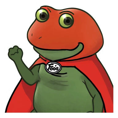 red Pepe the Frog superhero with Fogo.io logo as cape, power pose, cartoonish, bold, meme-inspired, red color palette, witty and playful, Discord sticker sticker