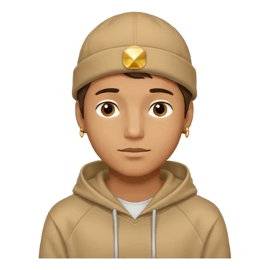 {
  "type": "human",
  "look": "male, tan hoodie, brown cap, gold jewelry, calm face, front view",
  "description": "a young man wearing a hoodie and cap, looking relaxed and confident"
} sticker