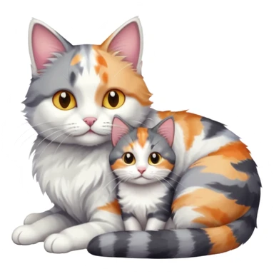 grey and white cat cuddling a colourful light patched calico + white tabby cat sticker