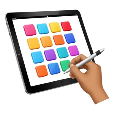 A hand having a digital pen drawing colorful rectangules on a tablet sticker