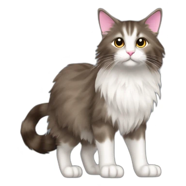 grey and brown norweigian forest cat walking profile furry bushy tail long whiskers furry and fluffy white front and back paws eyes a pink dark brown edged nose small triangular ears sticker