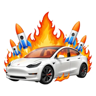 Tesla model 3 white. Two rockets mounted on roof flame backwards sticker