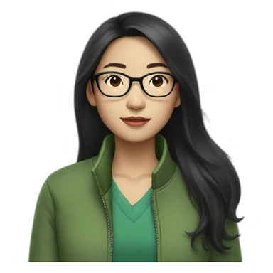 Asian girl with long black hair and glasses wearing green jacket sticker