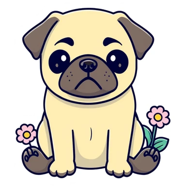 black pug sitting with flowers in the background sticker