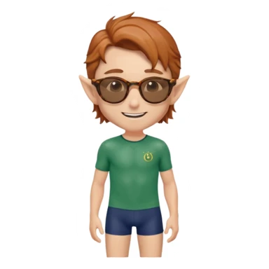 elf male legolas portrait, classic navy swim trunks, timeless wayfarer sunglasses (tortoiseshell), windswept auburn hair, friendly smile, clear pointy ears, no background, centered emoji, iconic summer look sticker