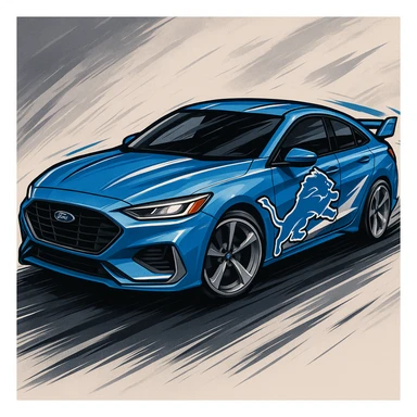 A stylized Ford car with Detroit Lions branding, blue and silver paint, lion mascot on the side, energetic and dynamic look. sticker