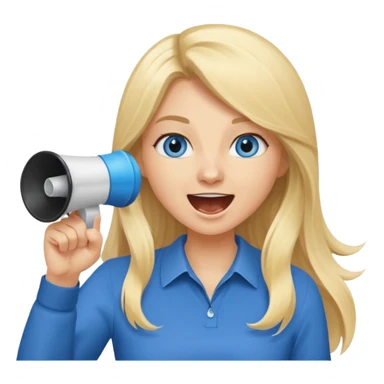  blue eyes blonde girl yelling into megaphone smiling long hair holding up finger sticker