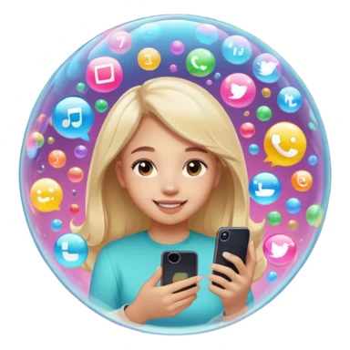 a girl inisde a buble watching her phone and put apps floading around do tik tok instagram and snapcjat sticker