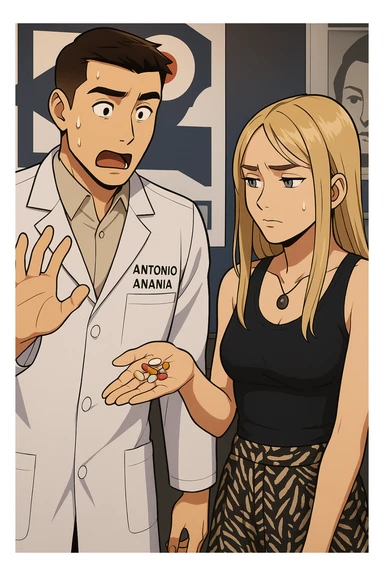 fai un webtoon/manga a colori con questo kinesiologo in camice bianco (fagli la scritta "ANTONIO ANANIA" SUL CAMICE) CHE PARLA CON QUESTA RAGAZZA. LA RAGAZZA HA UN PUGNO DI INTEGRATORI IN MANO (TANTE PILLOLE DIVERSE) E LE GUARDA DUBBIOSA. IL KINESIOLOGO CON IL CAMICE BIANCO LE DOMANDA UNA COSA SCIOCCATO. NON FARE I FUMETTI, FAI SOLO LORO COME SE DIALOGASSERO sticker