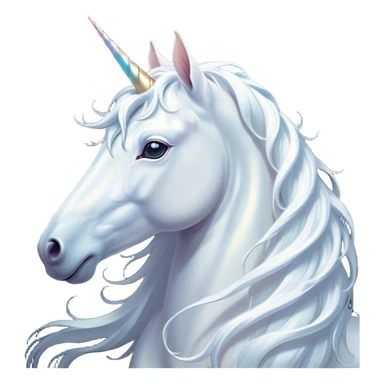 Cinematic Noble White Unicorn Portrait Emoji, Poised and regal, with a slender, ethereal form draped in a pristine white color, a flowing mane and tail, and a glistening, spiraled horn that radiates pure light, Simplified yet sharp and sophisticated features, highly detailed, glowing with a soft, iridescent luminescence, high shine, intelligent and transcendent, stylized with an air of mythical enchantment, focused and serene, soft glowing outline, capturing the essence of a watchful and confident white unicorn that appears ready to prance out of the screen with magical grace! sticker