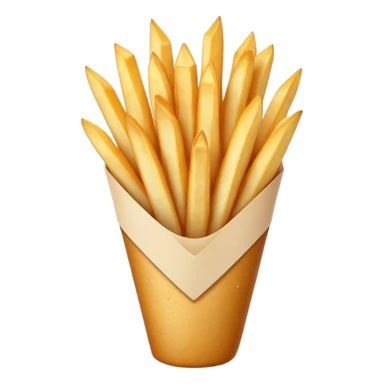 Cinematic Realistic Belgian Fries Dish Emoji, showcasing thick, crispy fries served in a paper cone rendered with detailed textures and golden, appetizing lighting. sticker