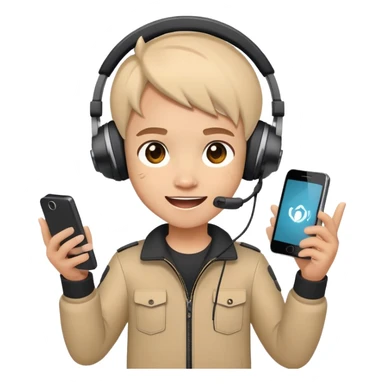 Cute cartoon character with gaming headset holding a mobile phone playing Free Fire, with excited eyes and happy expression sticker
