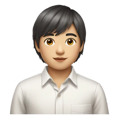 11 year old chinese BOY with curtain bangs and gray eyes and white formal shirt with long sleevesand a book sticker