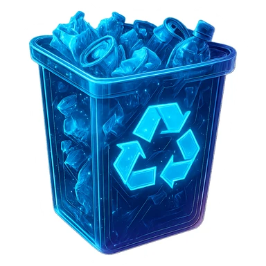 Add visible trash inside the exact cyberpunk recycle bin image. Keep the design, style, and perspective of the bin unchanged. The trash should be clearly visible inside the bin. Maintain the glowing neon blue and pink edges, circuit patterns, and transparent background exactly as they are, preserving the cyberpunk aesthetic. sticker