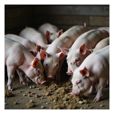 group of pigs in a barn, some eating food leftovers and others approaching feces, traditional farming atmosphere, realistic details, 4K quality sticker