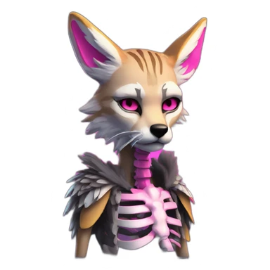Coyote ocelot standing with grey and black fur and phoenix wings on back and pink ears half skeleton injured nose and face, neon lights sticker
