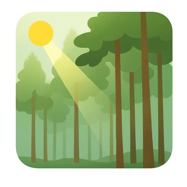 Create a forest emoji inspired by the reference image with tall thin trees, a misty atmosphere, and a simplified emoji-like style. Add a sunbeam effect shining through the trees. The style should be similar to the reference but adapted for emoji use. sticker