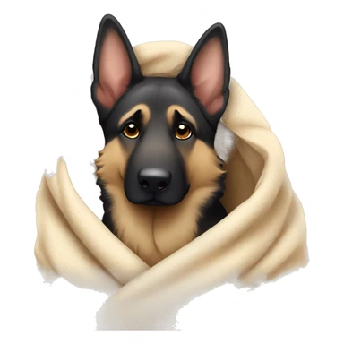 A fluffy German Shepherd wrapped in a blanket with a tender look sticker