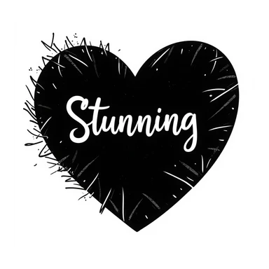 black heart with the word 'Stunning' in handwriting over it, chaotic doodle style, only black, text included sticker