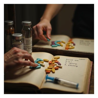 realistic scene in front of mirror preparing evening dose of medicines: colorful pills, ready syringes, diary with Italian notes 'dose GH: 4 UI', 'testo: 250 mg', evening atmosphere sticker