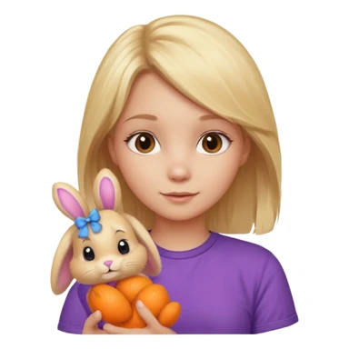 Someone holding a bunny make the girl have blond hair and a purpol shirt and the bunny ornghe sticker