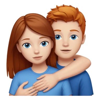 Girl with straight brown hair being hugged by ginger boy. Both have blue eyes.  sticker