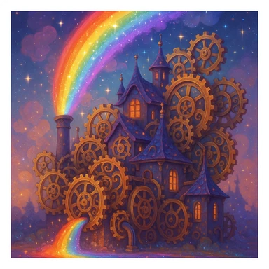 a fantasy rainbow factory with magical gears and sparkling colors, dreamy atmosphere sticker