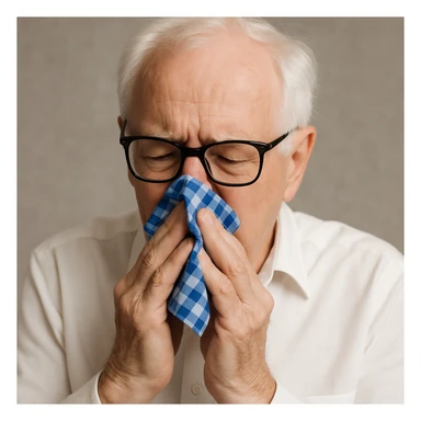 Make the handkerchief a little bit smaller while keeping the old man with white hair, white skin, black-framed glasses, wearing a white shirt, blowing his nose on the blue and white checkered handkerchief sticker