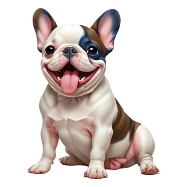 Cinematic Cute Yawning Pied French Bulldog Portrait Emoji, Head tilted with an exaggerated, endearing yawn and sleepy, squinty eyes, showcasing a unique pied fur of contrasting colors with a playful expression, simplified yet irresistibly adorable, highly detailed, glowing with a soft, cozy radiance, high shine, exuding a relaxed, humorous charm, styled with a gentle, soft glowing outline, capturing the essence of a Pied French Bulldog in a blissfully cute yawn that warms the heart! sticker