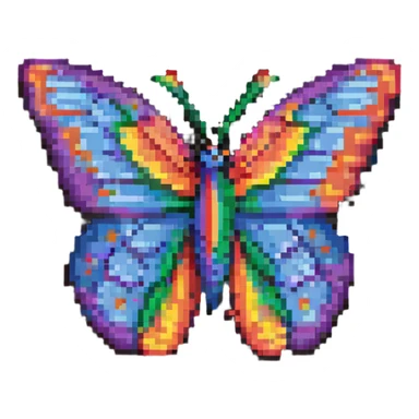 a butterfly in pixel art style, small and retro, rainbow pride colors sticker