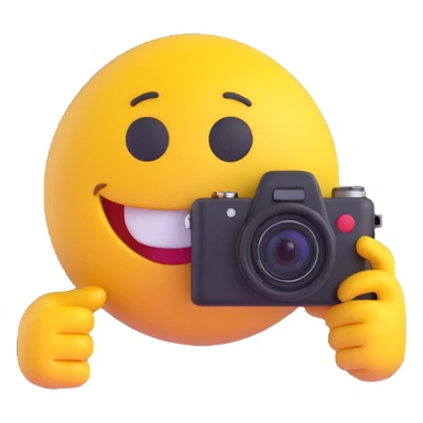 3D smiley emoji, round shape, photographer: holding camera, funny face sticker