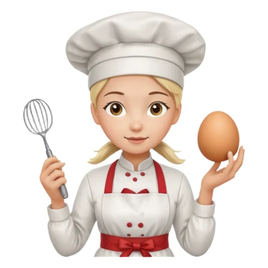Young female pastry chef - ponytail, apron, wearing a white hat, holding an egg beater in her right hand
 sticker