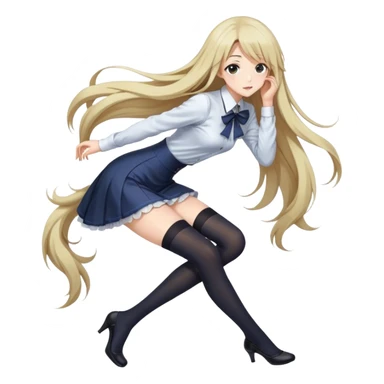 A stunning anime girl with long, flowing hair, wearing elegant thigh-high stockings and a stylish outfit. She gracefully bends over to pick something up, her expression soft and charming. The scene is detailed with warm lighting, smooth shading, and an artistic touch that enhances her beauty sticker