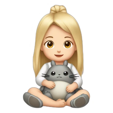 bébé fille blonde décoiffée assise avec une peluche Totoro  sticker