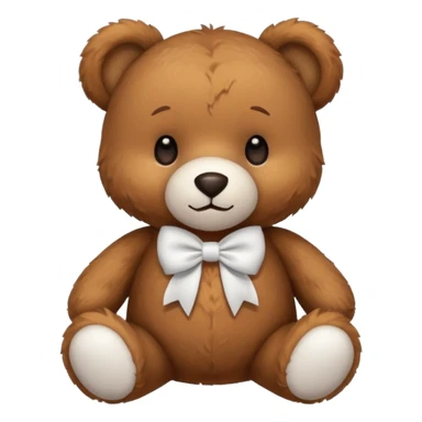 Fluffy cute brown teddy bear with a white bow sticker