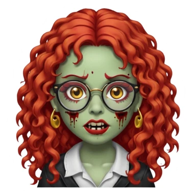 zombie girl emoji with long red curly hair, thick lashes, black glasses, gold nose piercings on each nostril, and a gold eyebrow piercing. sticker