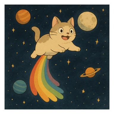 ghibli style flying cat pooping rainbows in outer space with stars and planets sticker