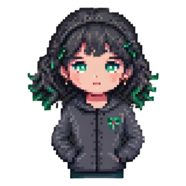shy girl tucking her hair behind her ear, pixel art style sticker