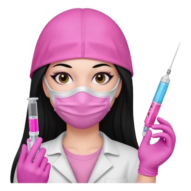 laboratorista con guantes rosa y mascarilla rosa jeringa tubo laboratorio sin lentes y ojos negros cabello largo negro color ojos oscuro color y cabello largo lacio guantes camisa y maascarilla mismo color sticker