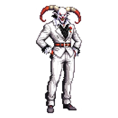 full-body muscular demonic clown in black and white leisure suit with bellbottom pants, bald, black ram horns, flashy black and white belt, ruffled white shirt, no neck tie, large fangs sticker