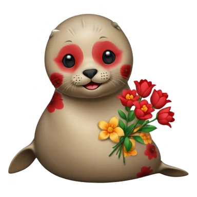 Blushing Happy seal holding red flowers sticker