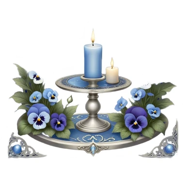 A mystical scene where deep blue and light blue pansies bloom under a silver crescent moon, casting an ethereal glow across the enchanted garden. A round, pearl-colored candle flickers atop an ornate silver stand, its wax melting into swirling patterns resembling planetary orbits. Surrounding it, a set of celestial tarot cards—The Moon, The Star, and The High Priestess—are carefully placed, their intricate silver engravings shimmering with divinatory power. The background sky is adorned with floating zodiac constellations, softly pulsing as if alive, while a trail of stardust leads to a glowing cosmic portal that opens into a swirling galaxy. sticker