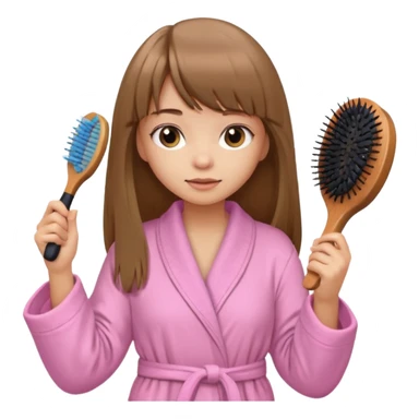 a girl with light skin and medium brown long hair with bangs who is brushing her hair with a hairbrush and she is wearing a light pink bathrobe sticker