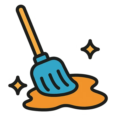 A simple mop cleaning a flat syrup spill on the floor, not inside a jar, in lineal color icon with black outlines style, transparent background. sticker