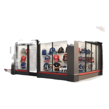 “Hockey store exterior with bold signage, large windows displaying hockey equipment, jerseys, and gear, and a sleek, sporty design that captures the essence of the sport.” sticker