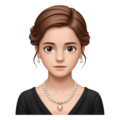 Cinematic Emma Watson Realistic Rococo Portrait, depicted with lifelike skin texture, subtle rosy undertones, and soft natural lighting that enhances the gentle contours of her face. Her intricately detailed brown hair is elegantly styled in an updo, sticker