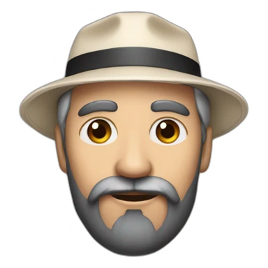 A grandfather with a black beard and a cyber eye on the right side of his face wearing a hat sticker